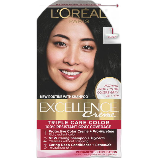 L'Oreal Paris Excellence Creme Permanent Triple Care Hair Color, 1 Black, Gray Coverage For Up to 8 Weeks, All Hair Types, Pack of 1