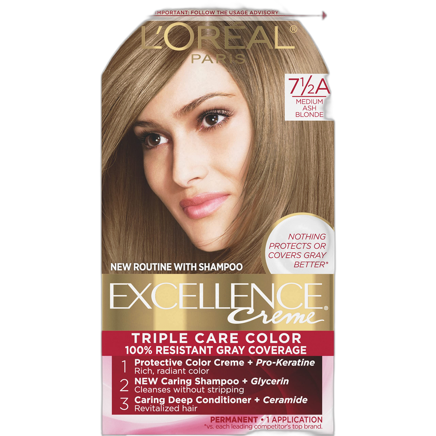 L'Oreal Paris Excellence Creme Permanent Triple Care Hair Color, 7.5A Medium Ash Blonde, Gray Coverage For Up to 8 Weeks, All Hair Types, Pack of 1
