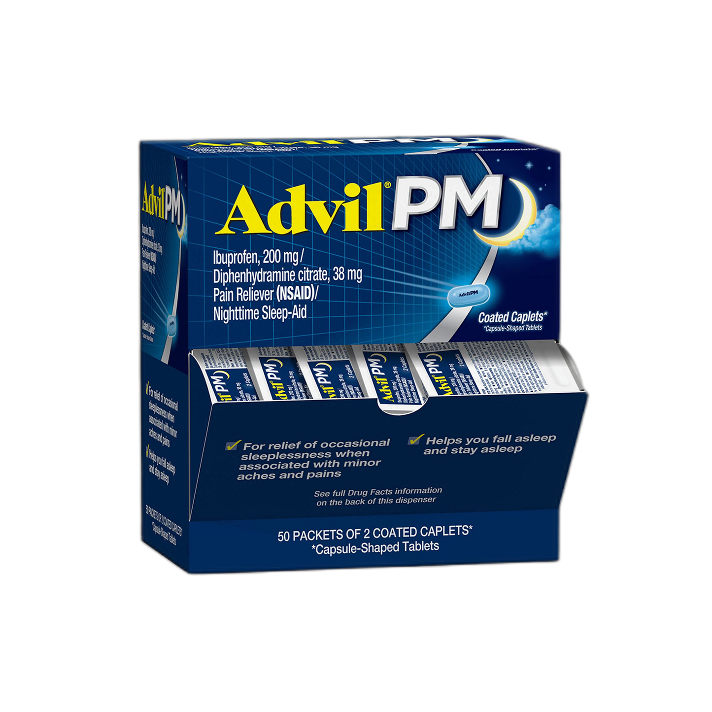 Advil PM Pain Reliever and Nighttime Sleep Aid, Pain Medicine with Ibuprofen for Pain Relief and Diphenhydramine Citrate for a Sleep Aid - 50x2 Coated Caplets