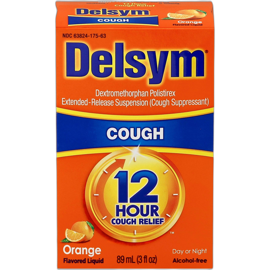 Delsym 12 Hour Cough Relief Liquid- Day Or Night, Orange Flavor Cough Medicine with Dextromethorphan Helps Quiet Cough by Suppressing Cough Reflex, 3 oz