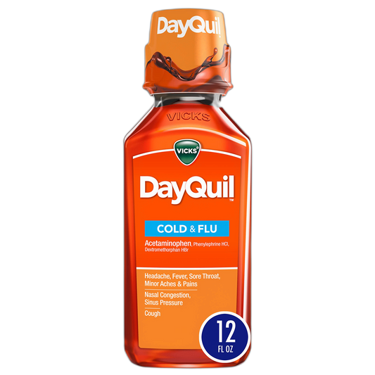 Vicks DayQuil Cold and Flu Relief Liquid Medicine, Non-Drowsy Powerful Multi-Symptom Daytime Relief for Headache, Fever, Sore Throat, Minor Aches and Pains, Nasal Congestion, Sinus Pressure, and Cough, 12 FL OZ