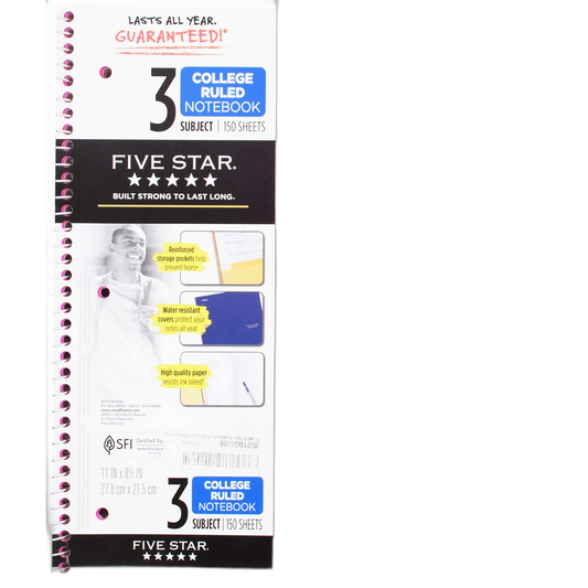 Mead 5 Star Notebook, 3 Subject College Ruled