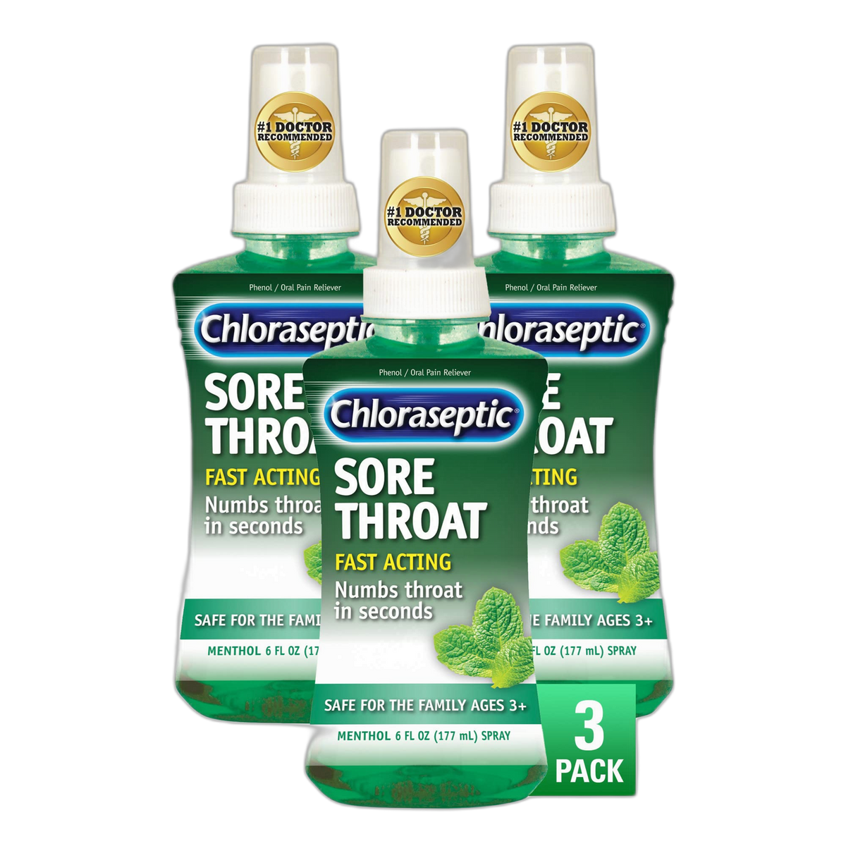 Chloraseptic Sore Throat Spray, Menthol, 6 fl oz, 3 Bottles
