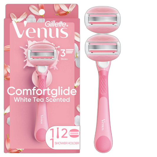 Gillette Venus ComfortGlide Razor for Women, White Tea Scented Gel Bars, Includes 1 Reusable Razor Handle + 2 Refills, Built-in Shave Gel Bars
