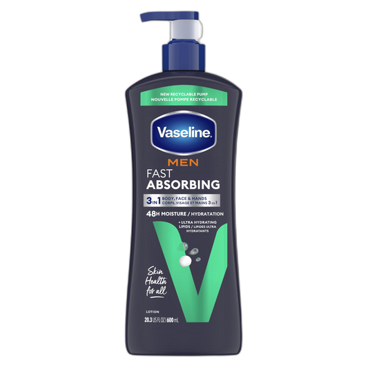 Vaseline Men Fast Absorbing 3-in-1 Face, Hands & Body Lotion for Men, For Dry Skin, Absorbs in Just 15 Seconds for Moisturized Skin 20.3 oz