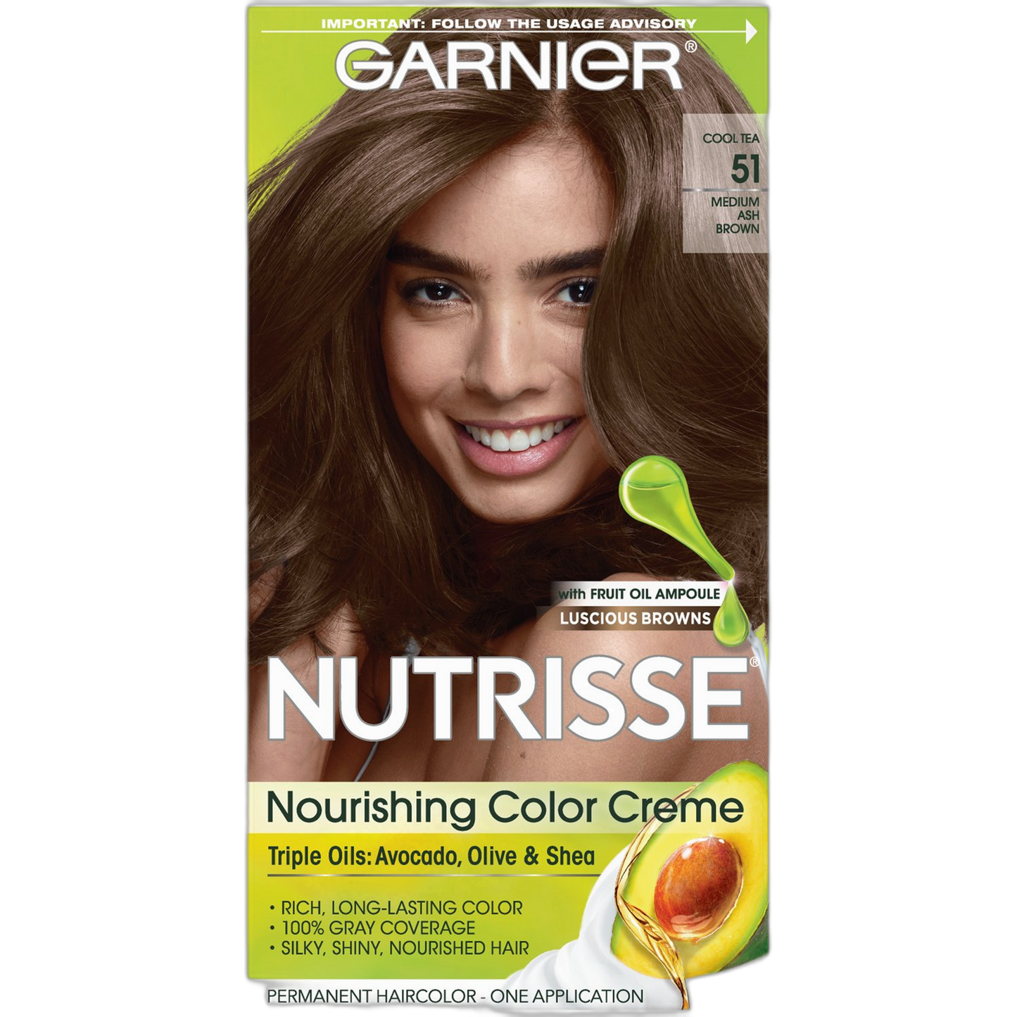 Garnier Nutrisse Nourishing Hair Color Creme, 51 Medium Ash Brown (Cool Tea) (Packaging May Vary)