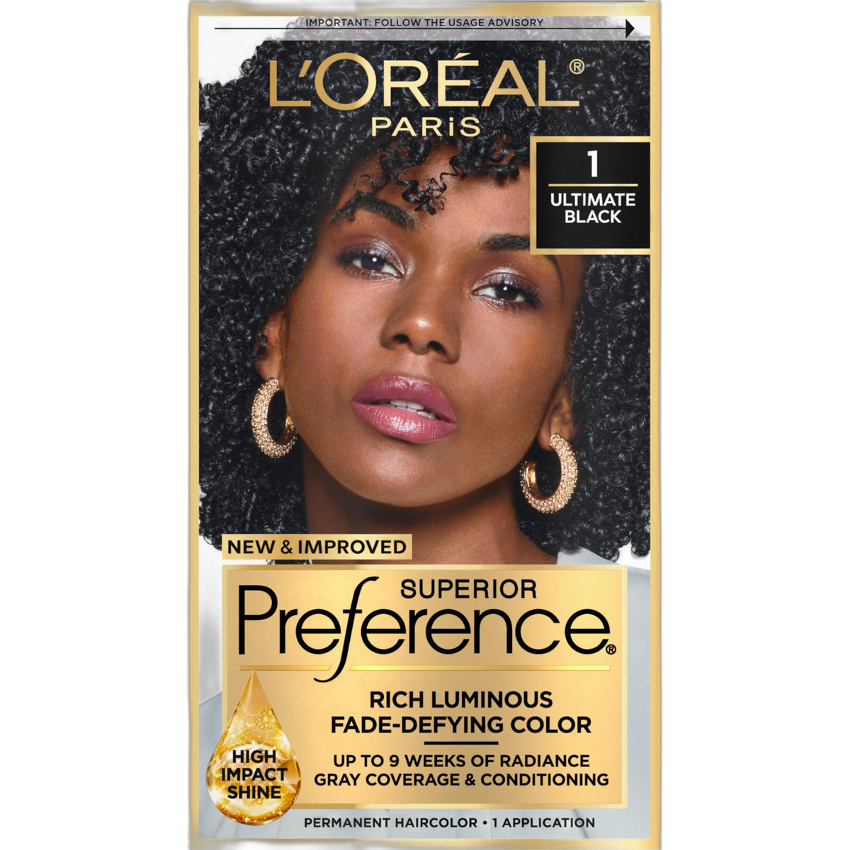 L'Oreal Paris Superior Preference Fade-Defying + Shine Permanent Hair Color, 1.0 Ultimate Black, Pack of 1, Hair Dye