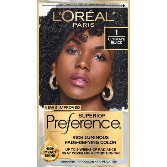 L'Oreal Paris Superior Preference Fade-Defying + Shine Permanent Hair Color, 1.0 Ultimate Black, Pack of 1, Hair Dye