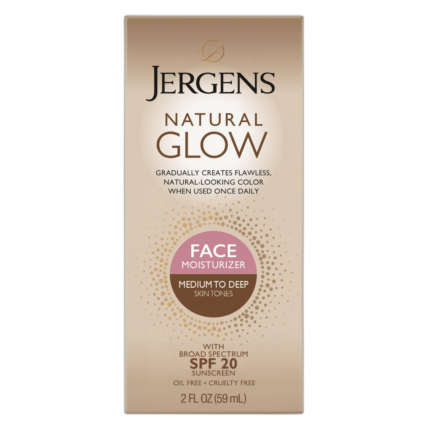 Jergens Natural Glow Self Tanner Face Moisturizer with SPF 20 Facial Sunscreen, Medium to Deep Skin Tone, Sunless Tanning, Oil Free, Broad Spectrum Protection UVA and UVB, 2 oz (Packaging May Vary)