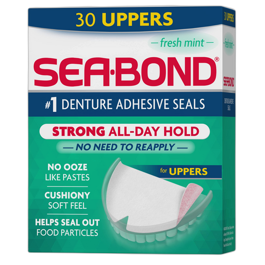 Sea Bond Secure Denture Adhesive Seals, Fresh Mint Uppers, Zinc-Free, All-Day-Hold, Mess-Free, 30 Count (Pack of 1)
