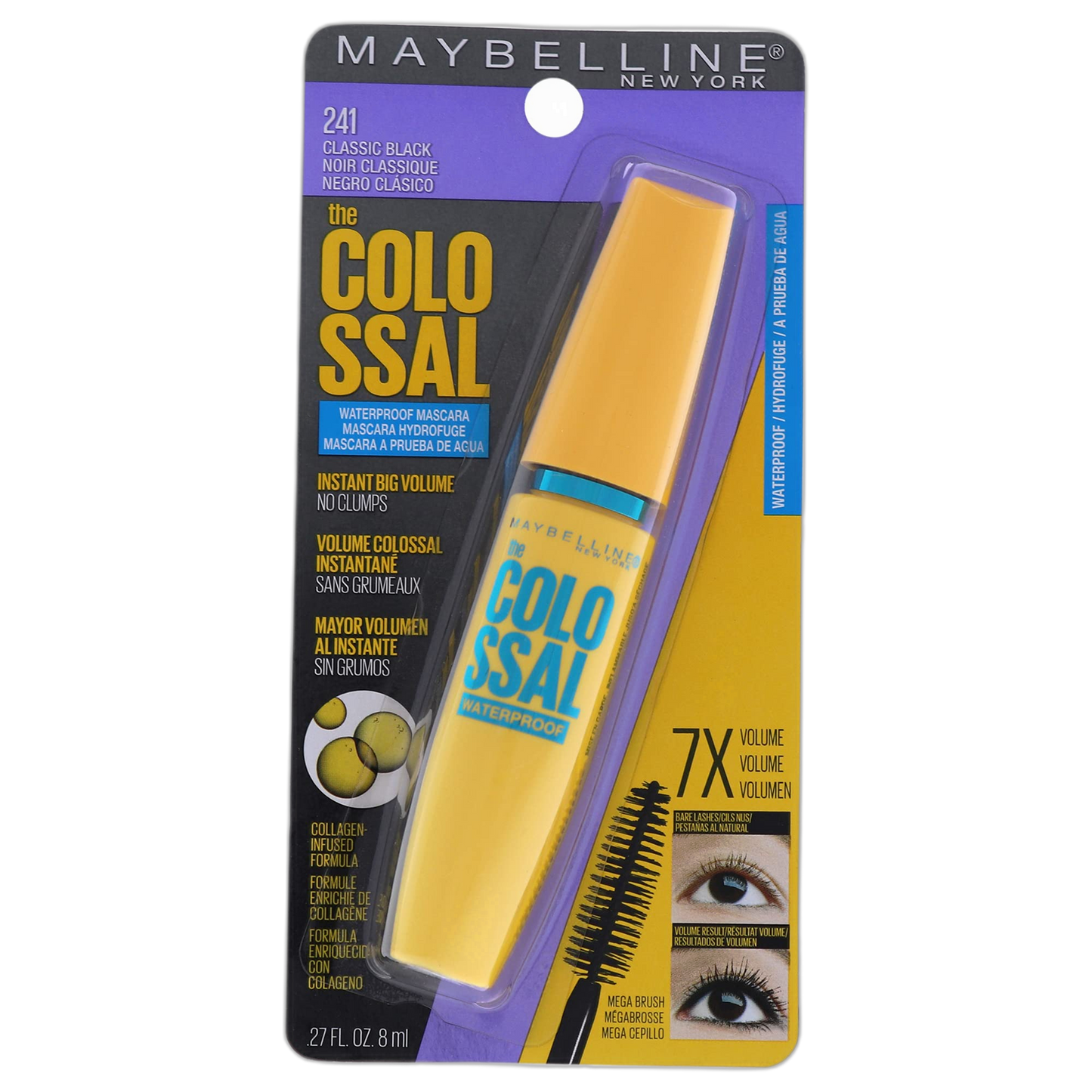 Maybelline Volum' Express The Colossal Waterproof Mascara, Volumizing, Thickening, Clump-Free Make Up Formula, Classic Black, 1 Count