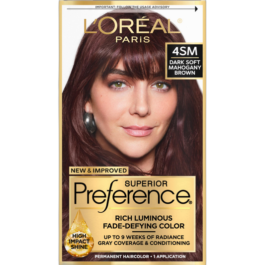 L'Oreal Paris Superior Preference Fade-Defying + Shine Permanent Hair Color, 4SM Dark Soft Mahogany Brown, Pack of 1, Hair Dye