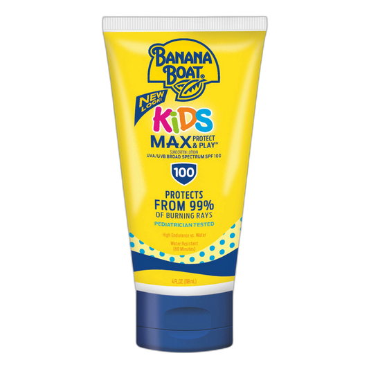 Banana Boat Kids Max Protect & Play Lotion Sunscreen SPF 100, 4oz | Childrens Sunscreen, Kids Sunblock Spray, High SPF, Water Resistant, 4oz