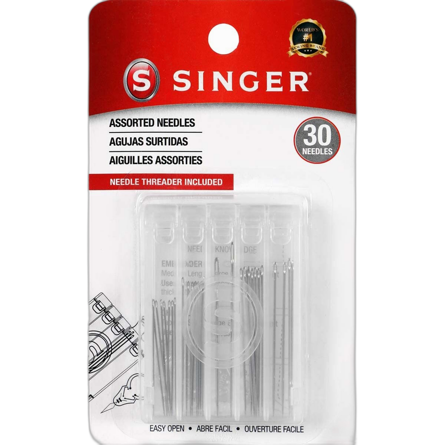 SINGER 07370 Hand Sewing Needles in Compact with Needle Threader, Assorted Sizes, 30-Count,