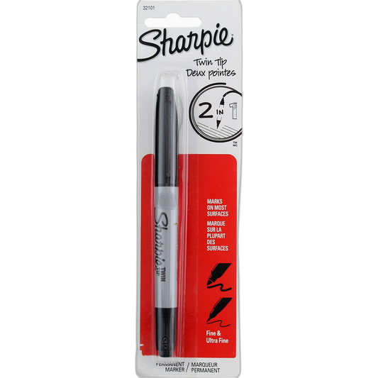 Sharpie Twin-Tip Permanent Marker, Fine/Ultra Fine Point, Black Ink, Pack of 6