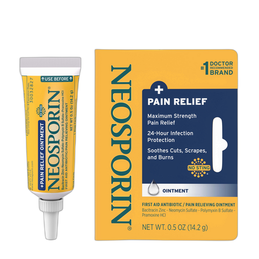 Neosporin + Maximum-Strength Pain Relief Dual Action Ointment, First Aid Topical Antibiotic & Analgesic Ointment for 24-Hour Infection Protection with Bacitracin Zinc & Pramoxine HCl,.5 oz