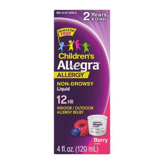 Allegra Children's 12-Hour Allergy Relief Liquid, Non-Drowsy Indoor and Outdoor Allergy Medicine, 30 mg Fexofenadine HCI Antihistamine for Kids, Berry Flavor, 4 oz