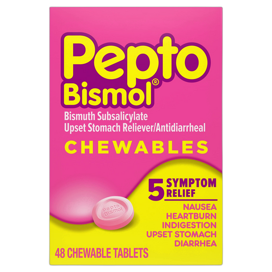 Pepto Bismol Chewable Tablets for Nausea, Heartburn, Indigestion, Upset Stomach, and Diarrhea - 5 Symptom Fast Relief, Original Flavor, 48 ct