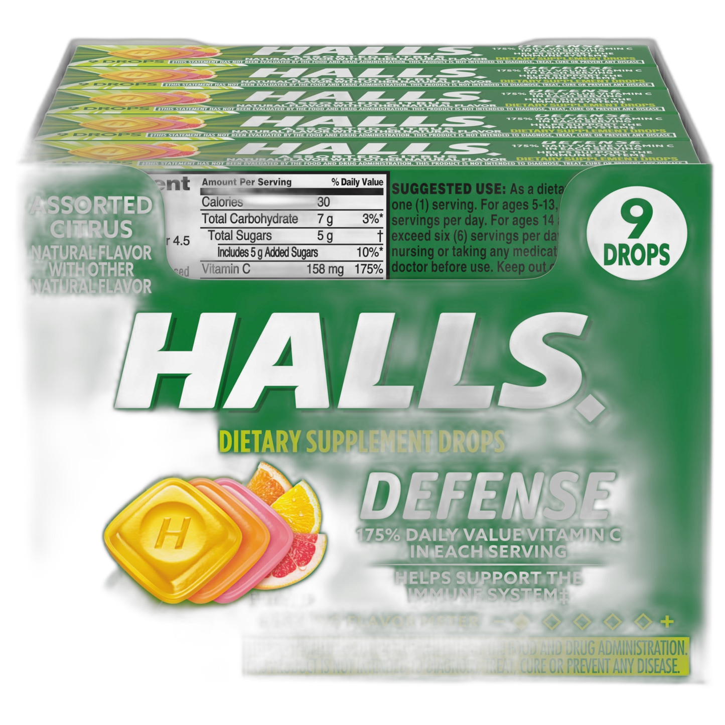HALLS Defense Assorted Citrus Vitamin C Drops, 20 Sticks of 9 Drops (180 Total Drops)