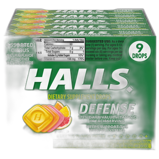HALLS Defense Assorted Citrus Vitamin C Drops, 20 Sticks of 9 Drops (180 Total Drops)