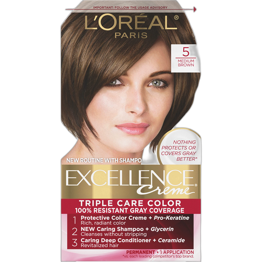 L'Oreal Paris Excellence Creme Permanent Triple Care Hair Color, 5 Medium Brown, Gray Coverage For Up to 8 Weeks, All Hair Types, Pack of 1