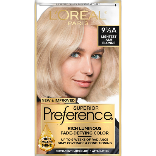 L'Oreal Paris Superior Preference Fade-Defying + Shine Permanent Hair Color, 9.5A Lightest Ash Blonde, Pack of 1, Hair Dye