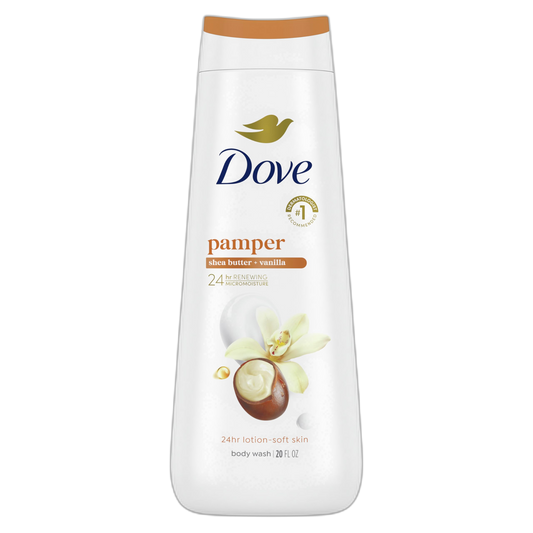 Dove Body Wash Pamper Shea Butter & Vanilla for 24hr Lotion-Soft Skin Moisturizing Skin Cleanser with No Sulfates No Parabens 20 oz