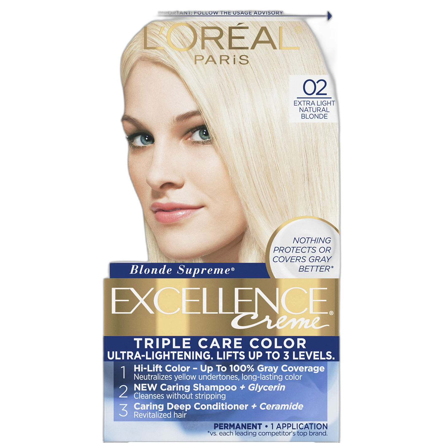L'Oreal Paris Excellence Creme Permanent Triple Care Hair Color, 02 Extra Light Natural Blonde, Gray Coverage For Up to 8 Weeks, All Hair Types, Pack of 1