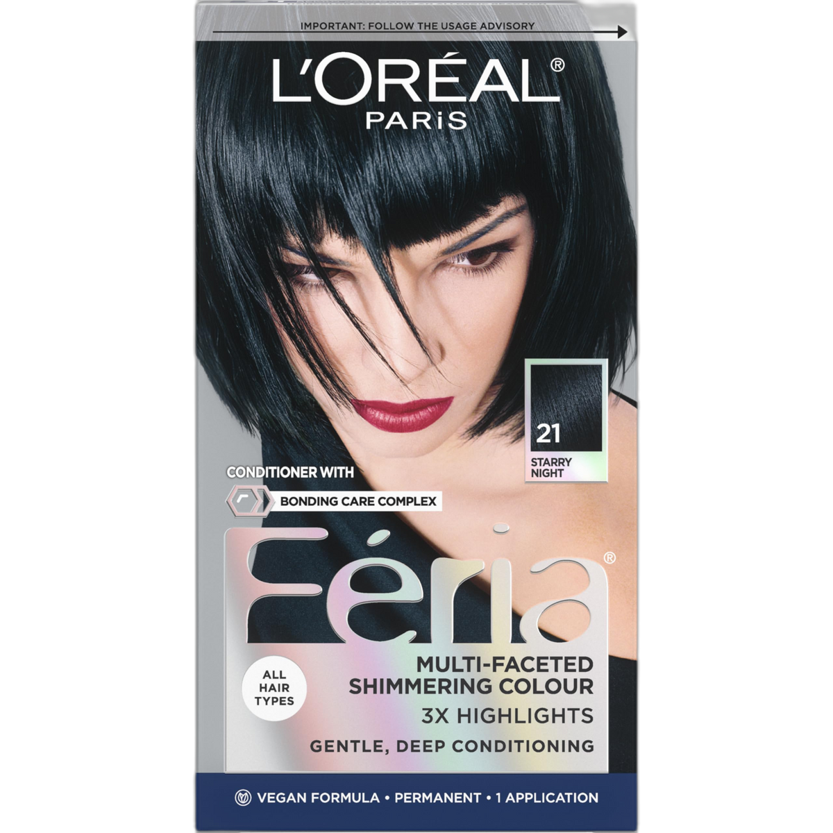 L'Oreal Paris Feria Multi-Faceted Shimmering Permanent Hair Color, 21 Starry Night (Bright Black), Pack of 1, Hair Dye