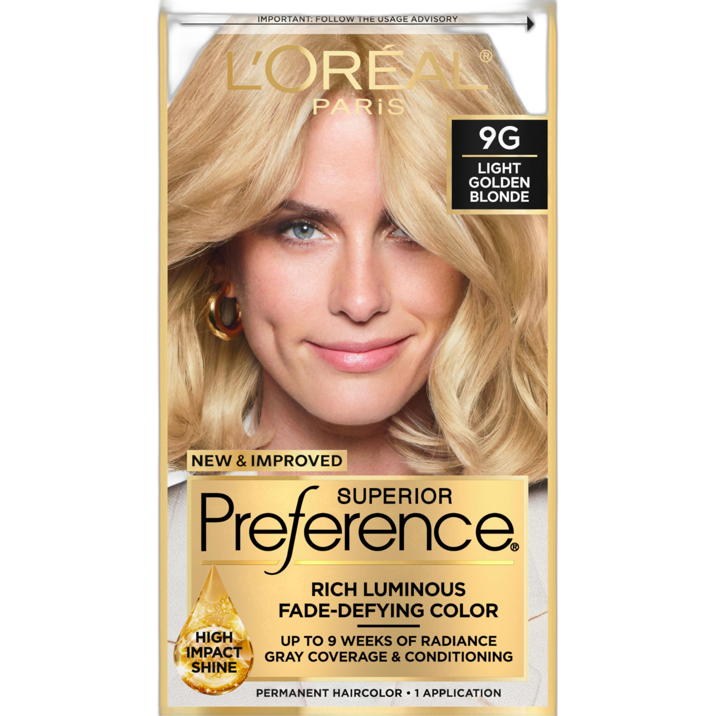 L'Oreal Paris Superior Preference Fade-Defying + Shine Permanent Hair Color, 9G Light Golden Blonde, Pack of 1, Hair Dye