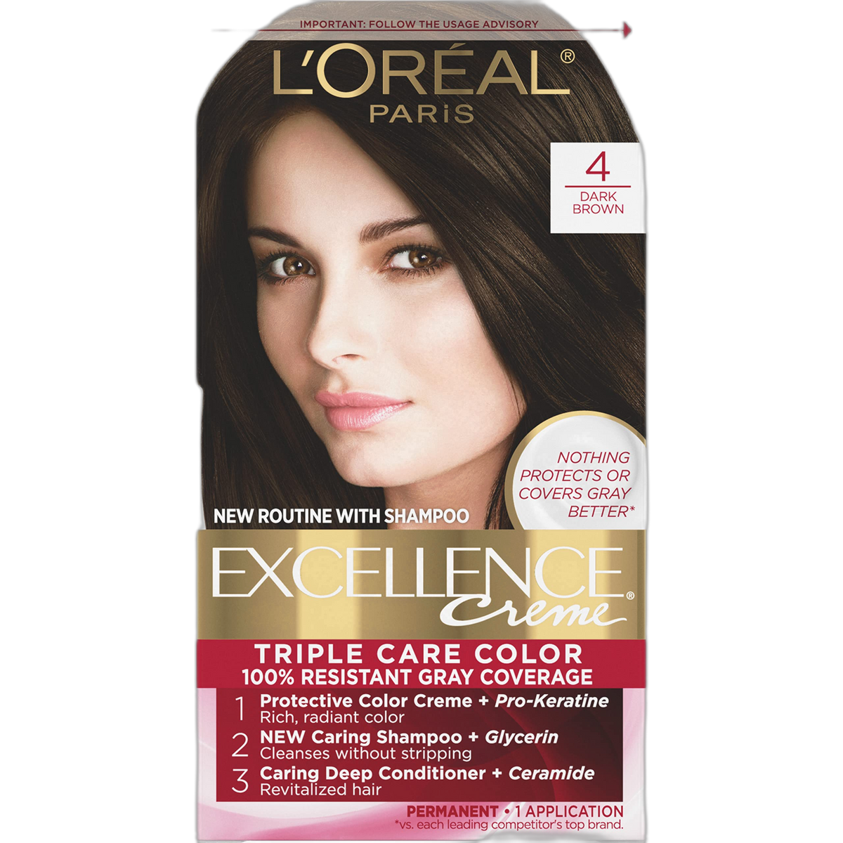 L'Oreal Paris Excellence Creme Permanent Hair Color, 4 Dark Brown, 100 percent Gray Coverage Hair Dye, Pack of 1