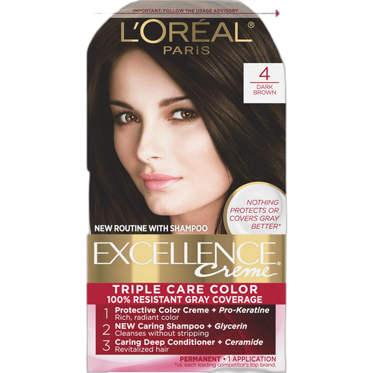 L'Oreal Paris Excellence Creme Permanent Hair Color, 4 Dark Brown, 100 percent Gray Coverage Hair Dye, Pack of 1