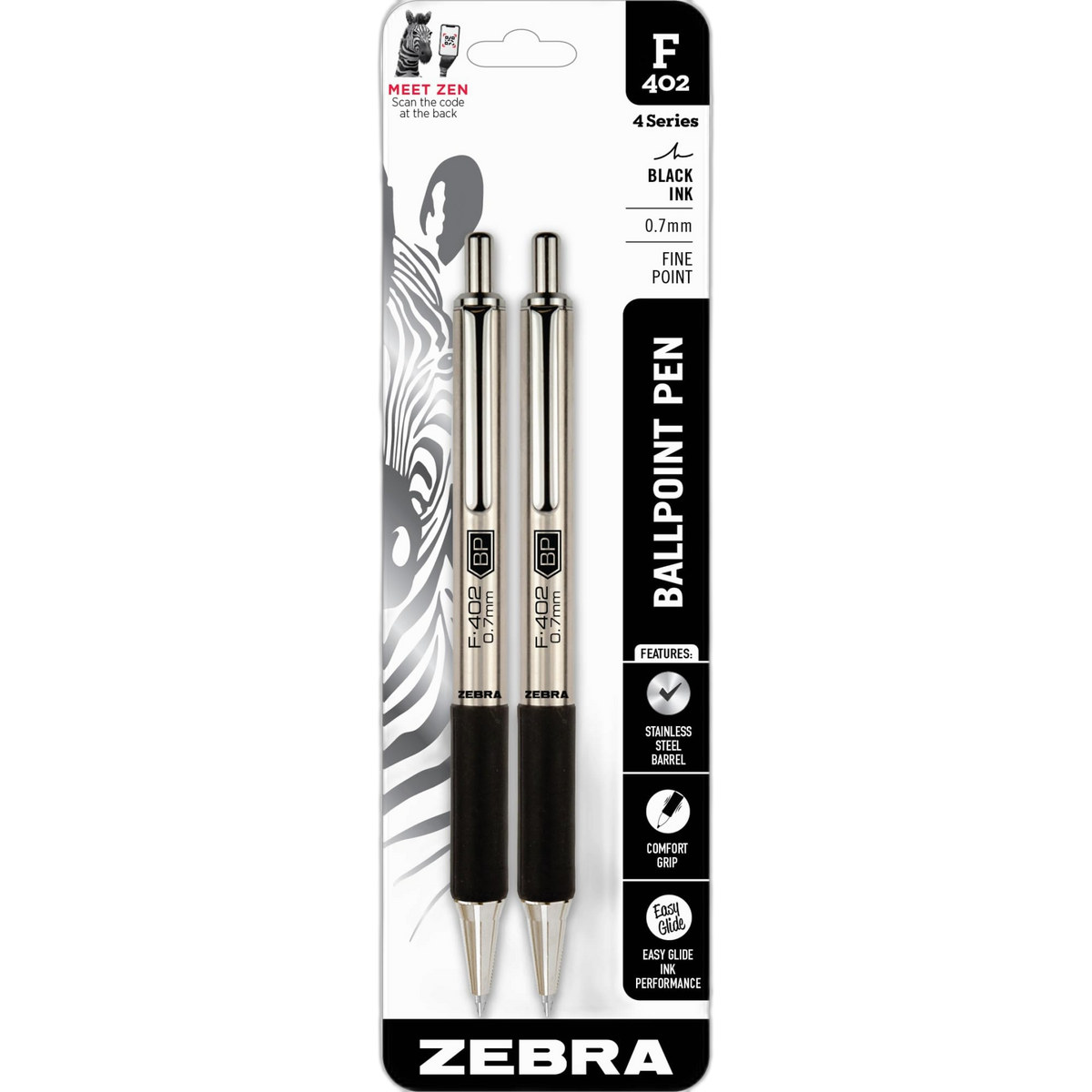 Zebra Pen F-402 Stainless Steel Retractable Ballpoint Ink Pens 2-Pack, Black Ink, 0.7mm Fine Point, Easy-Glide Ink, Non-Slip Grip, Metal Clip, Refillable With F-Refill (29212)