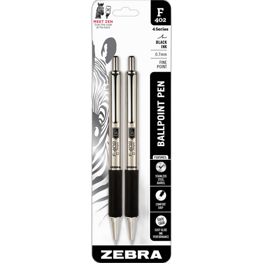 Zebra Pen F-402 Stainless Steel Retractable Ballpoint Ink Pens 2-Pack, Black Ink, 0.7mm Fine Point, Easy-Glide Ink, Non-Slip Grip, Metal Clip, Refillable With F-Refill (29212)