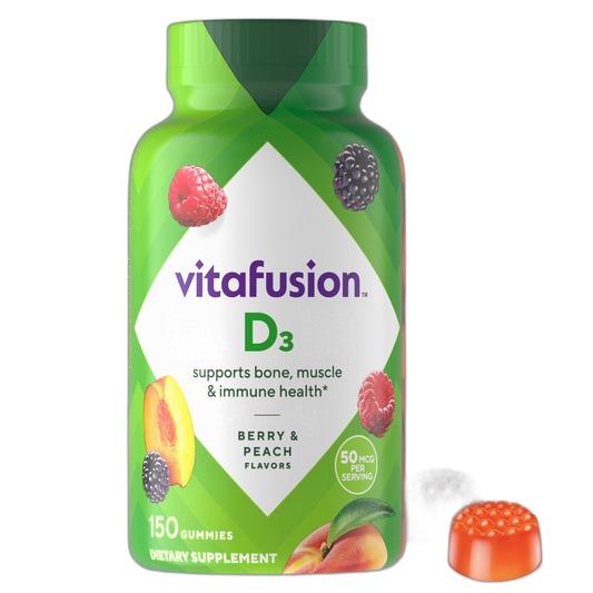 vitafusion Vitamin D3 Gummies, Bone and Immune Support, Peach, Blackberry, Strawberry Flavored, 50 mcg D3 Gummy Vitamin Supplement, 75 Day Supply, 150 Count