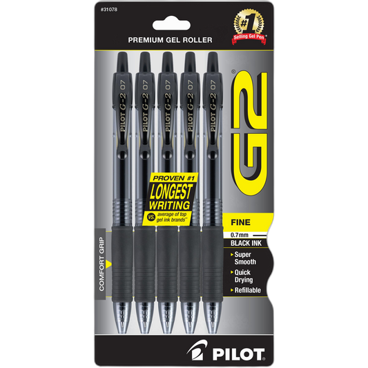 Pilot G2 Premium Gel Roller Pens 0.7, Fine Point Smooth Writing Pens Black, Pack of 5