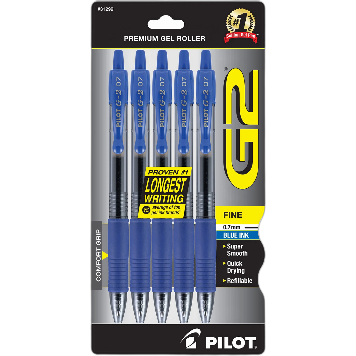 Pilot, G2 Premium Gel Roller Pens, Fine Point 0.7 mm, Blue, Pack of 5