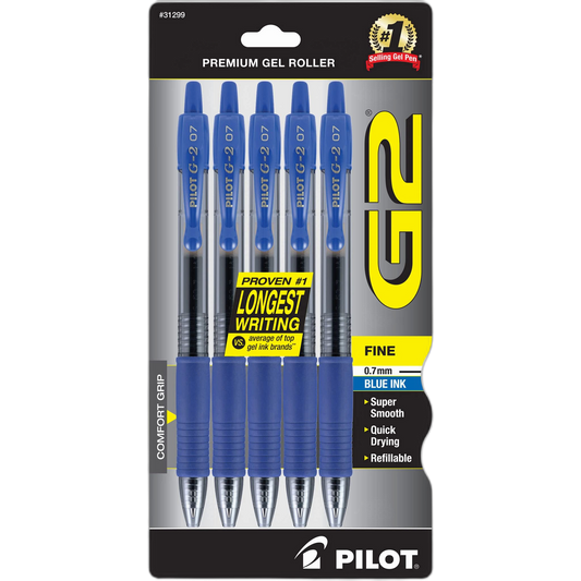 Pilot, G2 Premium Gel Roller Pens, Fine Point 0.7 mm, Blue, Pack of 5