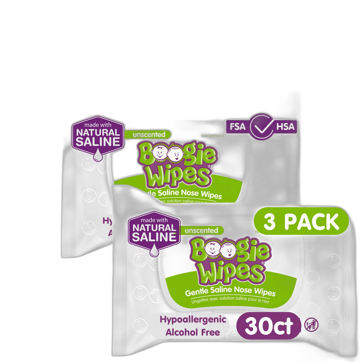 Saline Nose Wipes by Boogie, for Baby & Kids, Face, Hand & Body, FSA/HSA Eligible, Made with Vitamin E, Aloe, and Natural Saline, Unscented, 30 Count (Pack of 3)