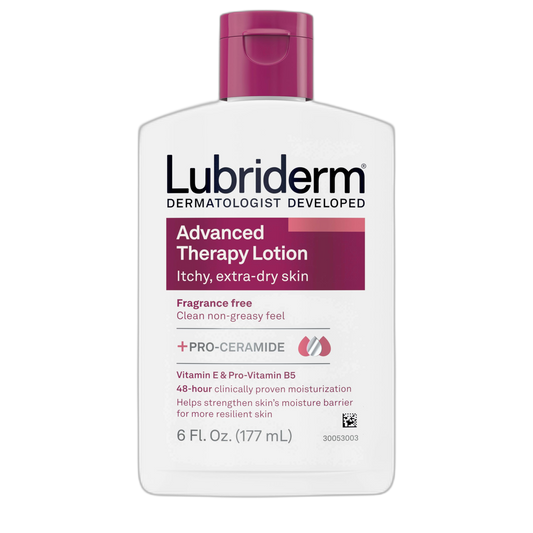 Lubriderm Advanced Therapy Fragrance-Free Moisturizing Hand & Body Lotion + Pro-Ceramide, Intense Hydration for Itchy, Extra Dry, & Sensitive Skin, Non-Greasy, Hypoallergenic, 6 fl. oz