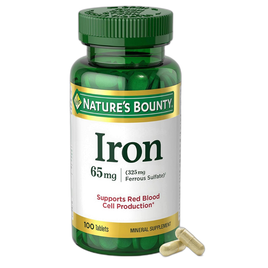 Nature's Bounty Iron 65mg, 325 mg Ferrous Sulfate, Cellular Energy Support, Promotes Normal Red Blood Cell Production, 100 Tablets