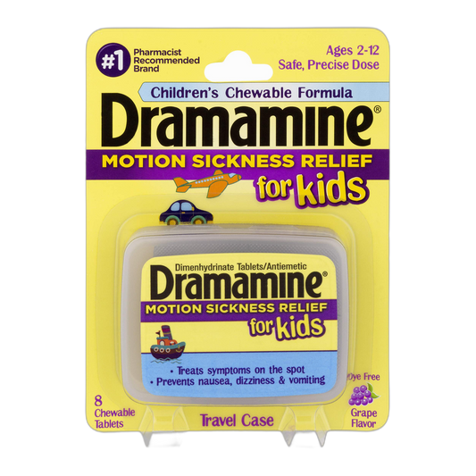 Dramamine Motion Sickness Relief for Kids | Chewable, Grape, 8 Count (Pack of 2), 16 Count