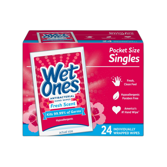 Wet Ones Singles Antibacterial Cleansing Wipes - 1 Box of 24 Singles