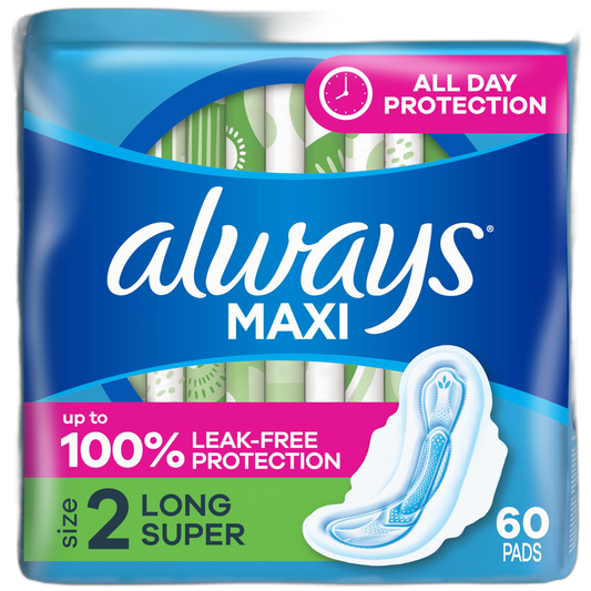 Always Maxi Feminine Pads For Women, Size 2 Long Super Absorbency, With Wings, Unscented, 60 Count
