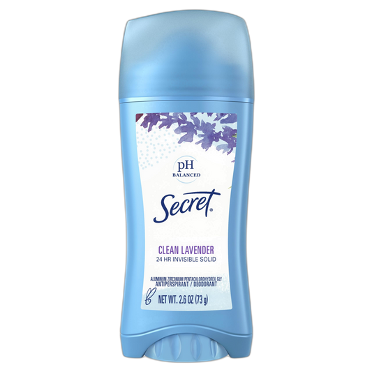 Secret Antiperspirant and Deodorant for Women, 24hr Sweat & Odor Protection, PH Balanced Protection, Gentle on Skin, Invisible Solid, Clean Lavender Scent, 2.6 oz