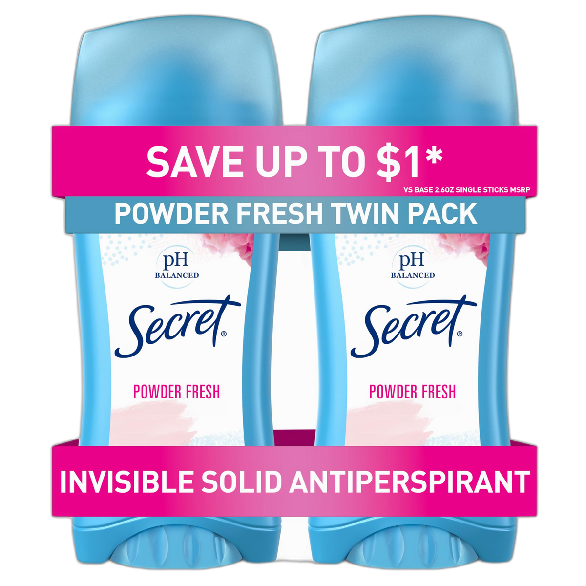Secret Antiperspirant and Deodorant for Women, 24hr Sweat & Odor Protection, PH Balanced Protection, Gentle on Skin, Invisible Solid, Powder Fresh Scent, 2.6 oz (Pack of 2)