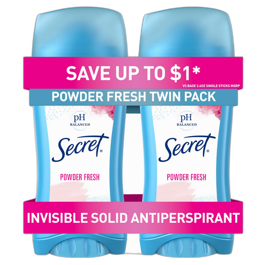 Secret Antiperspirant and Deodorant for Women, 24hr Sweat & Odor Protection, PH Balanced Protection, Gentle on Skin, Invisible Solid, Powder Fresh Scent, 2.6 oz (Pack of 2)