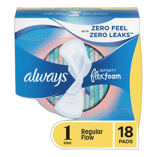 Always Infinity Feminine Pads For Women, Size 1 Regular Absorbency, With Wings, With Flexfoam, Unscented, 18 Count