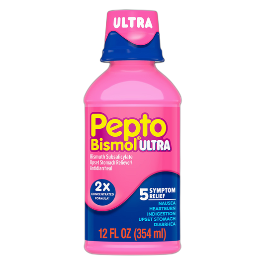 Pepto Bismol Liquid Ultra for Nausea, Heartburn, Indigestion, Upset Stomach, and Diarrhea - 5 Symptom Fast Relief, Original Flavor 12 oz