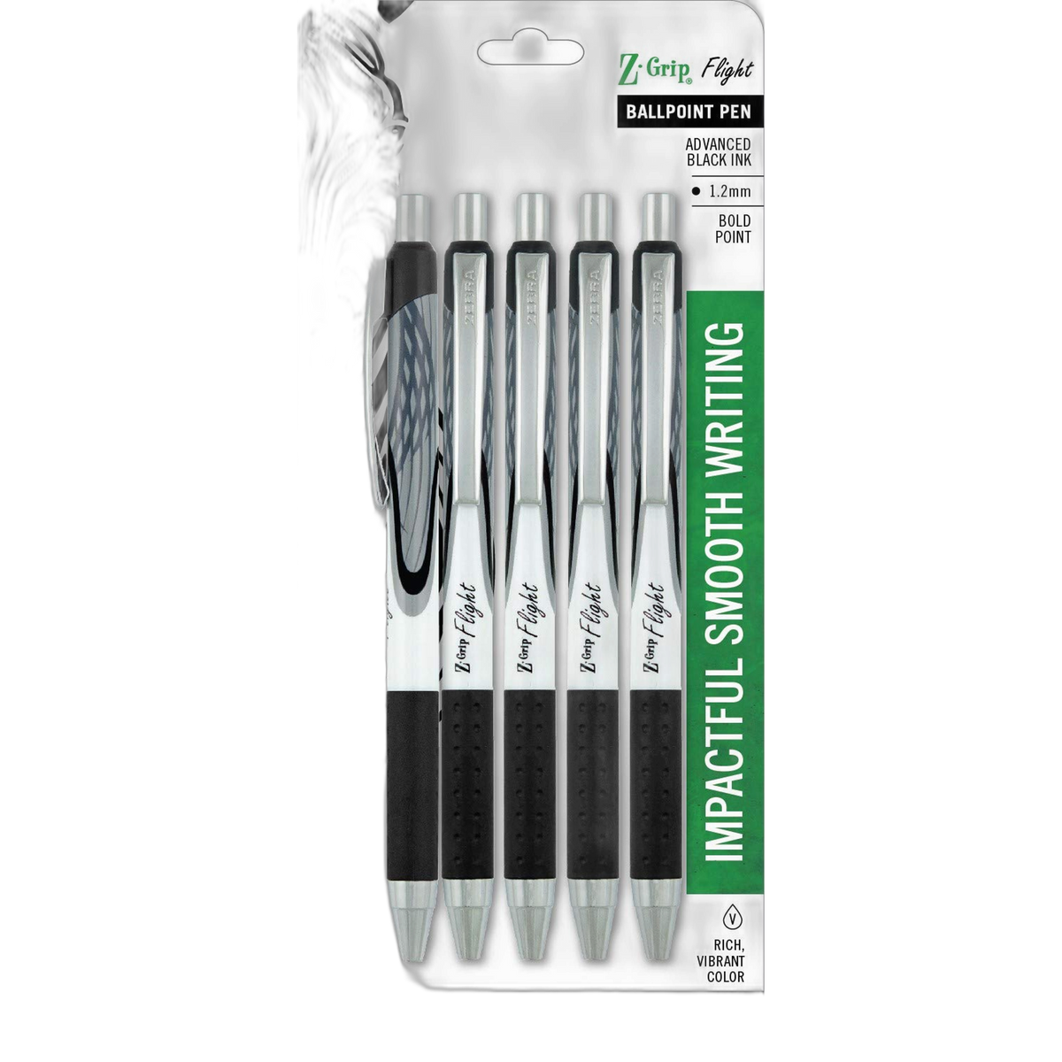 Zebra Pen Z-Grip Flight Retractable Ballpoint Pen, Bold Point, 1.2mm, Black Ink, 5-Count